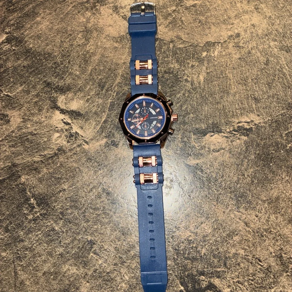 LIBOGER Asymmetrical Chronograph Wristwatch Blue Gold Silicone Date Tachymeter